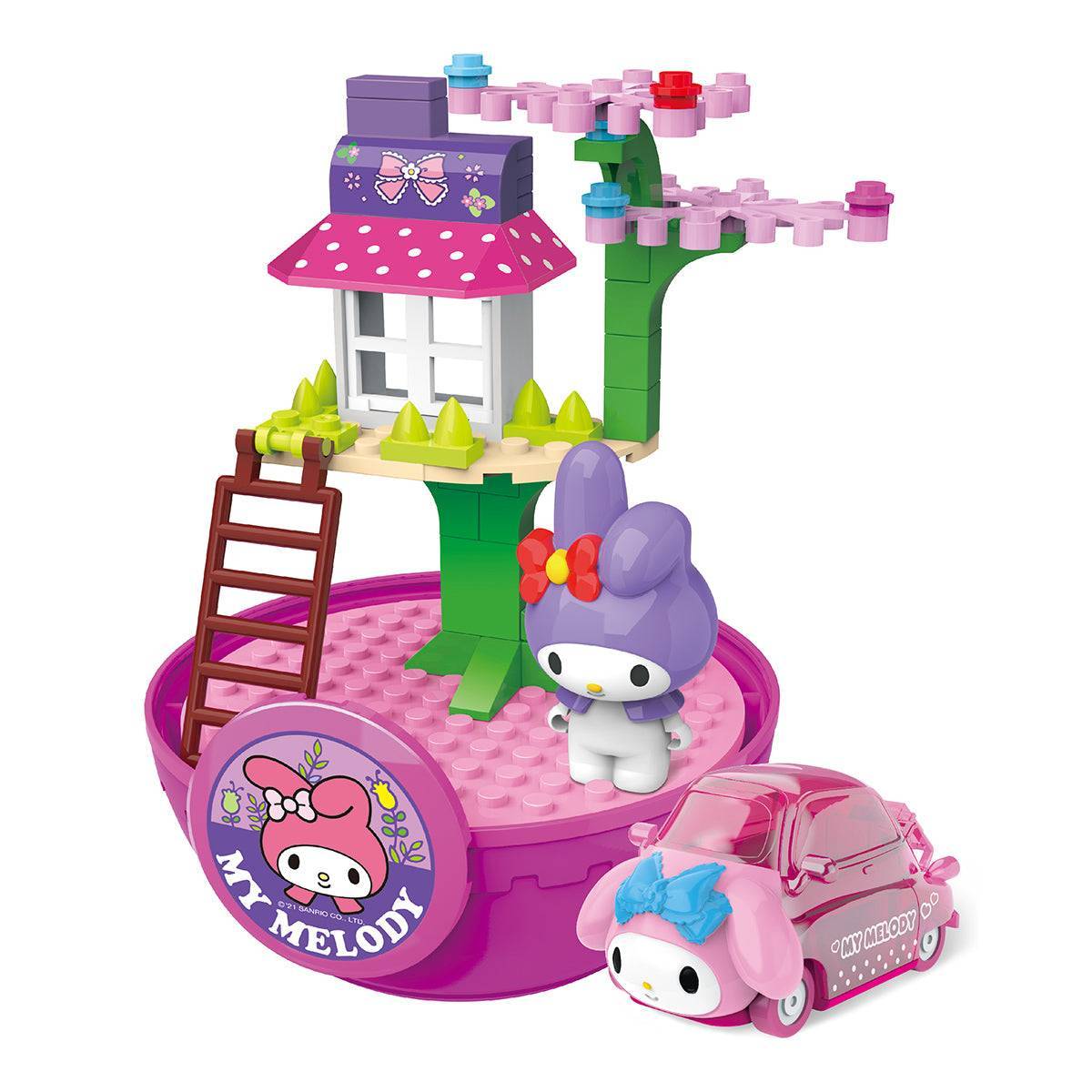 My Melody-themed Four Seasons House capsule toy with a pink and white treehouse, My Melody figure, and matching pink car.