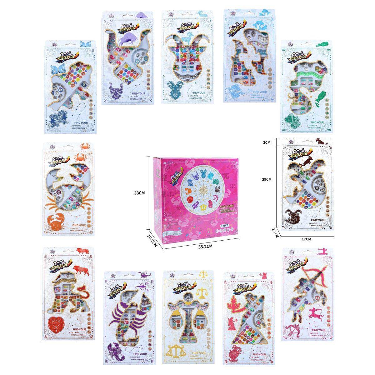 12 Zodiac Signs Kids Nail Art Set HW23158395 featuring colorful nail stickers, charms, and accessories for creative DIY nail designs.