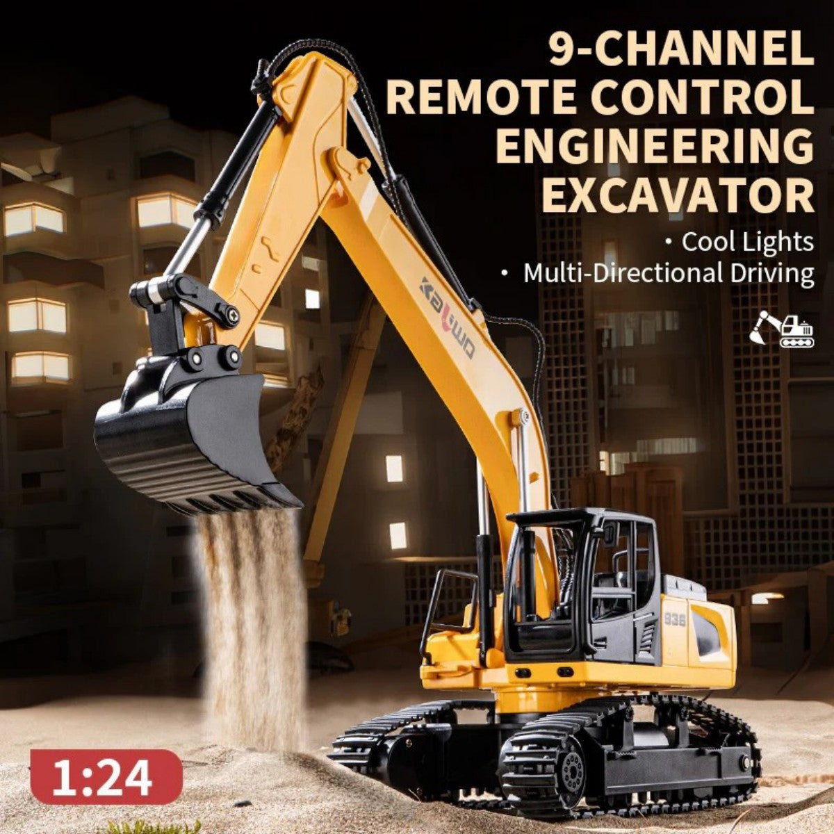 Huina Kaliwoer 13510 1:24 RC Excavator with 9-channel control, LED lights, and multi-directional driving, simulates real construction digging.