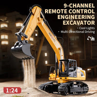 Huina Kaliwoer 13510 1:24 RC Excavator with 9-channel control, LED lights, and multi-directional driving, simulates real construction digging.