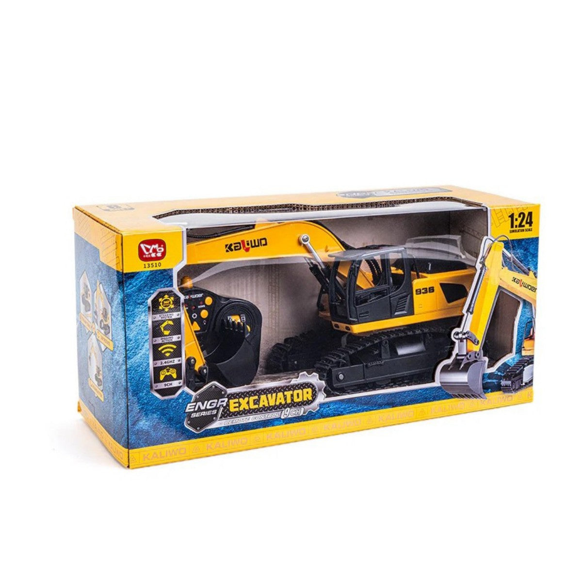 Huina Kaliwoer 13510 1:24 RC Excavator in retail packaging with clear window display, perfect for gifting and toy store presentation.