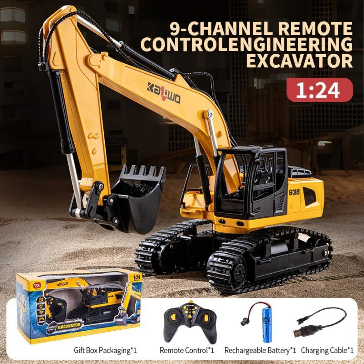Huina Kaliwoer 13510 1:24 RC Excavator set includes remote control, rechargeable battery, and charging cable, ideal for kids' construction play.