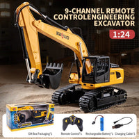 Huina Kaliwoer 13510 1:24 RC Excavator set includes remote control, rechargeable battery, and charging cable, ideal for kids' construction play.