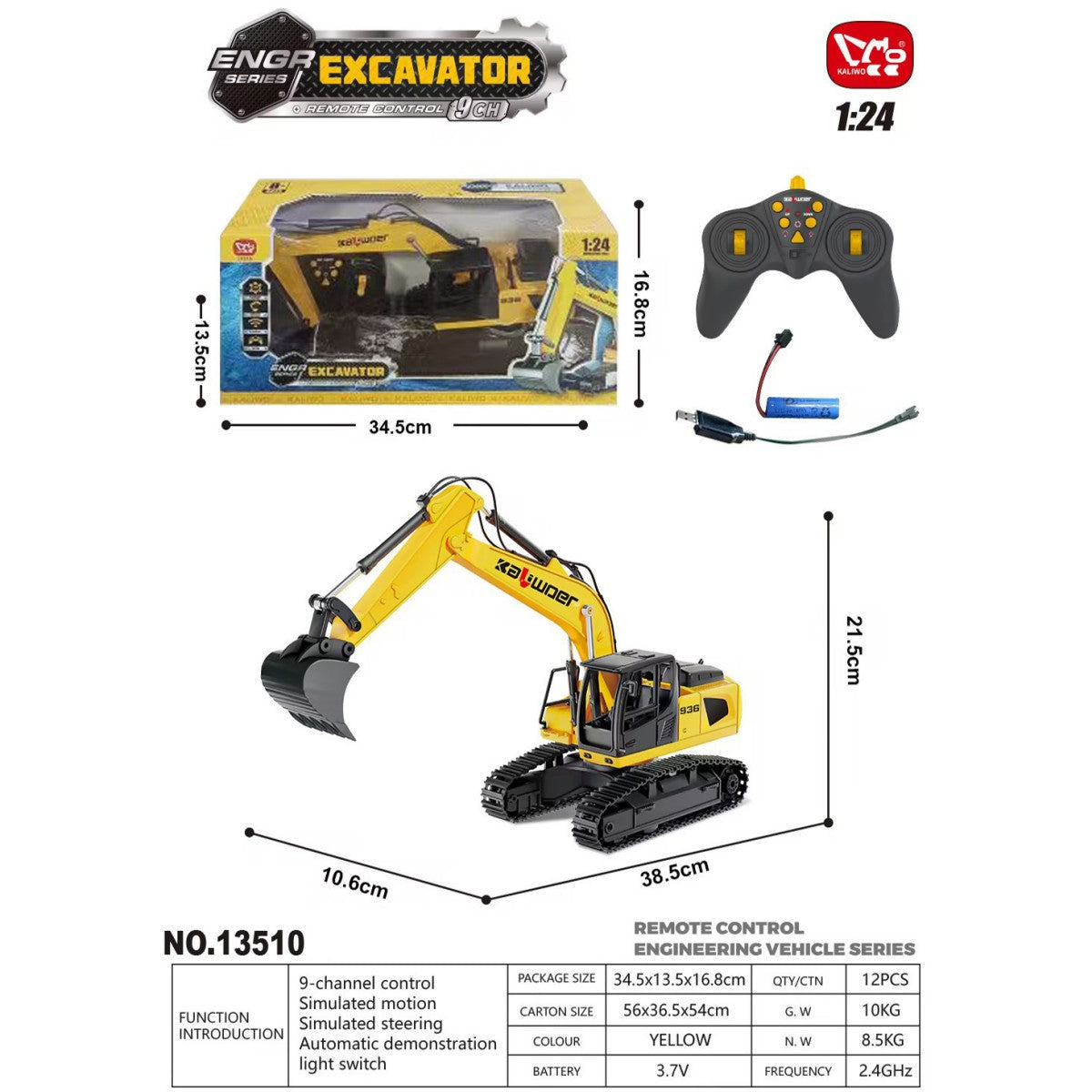 Huina Kaliwoer 13510 1:24 RC Excavator product dimensions and specifications, including remote control, battery, and packaging details.
