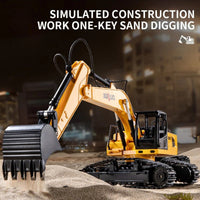 Huina Kaliwoer 13510 1:24 RC Excavator performs simulated sand digging with one-key operation, perfect for realistic construction play.