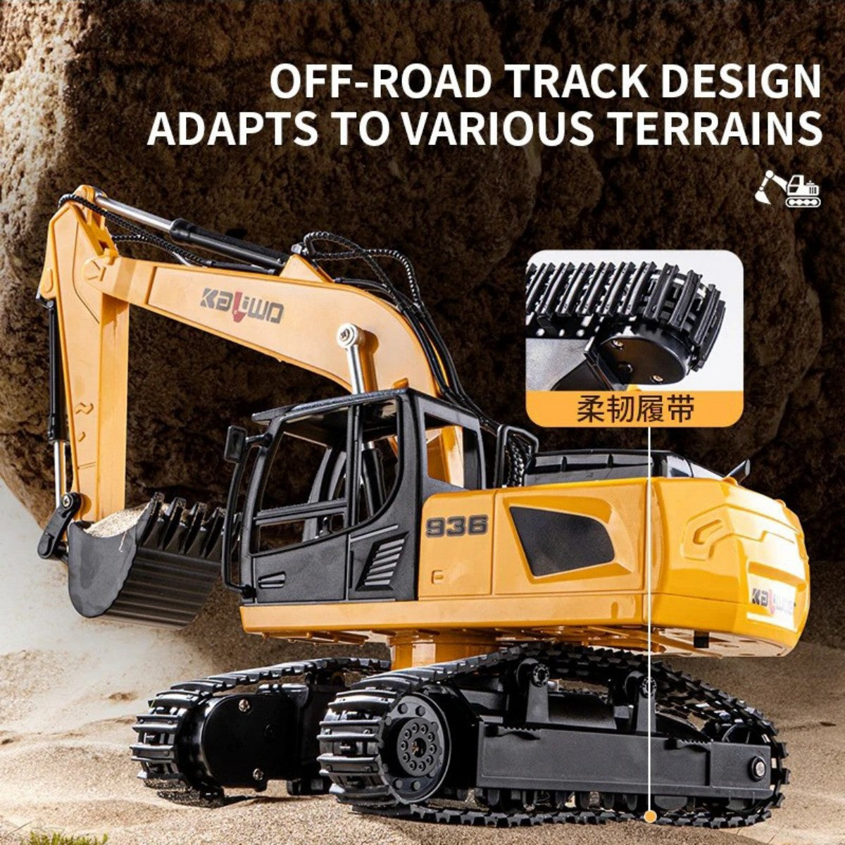 Huina Kaliwoer 13510 1:24 RC Excavator features off-road track design for various terrains, enhancing outdoor remote control adventures.