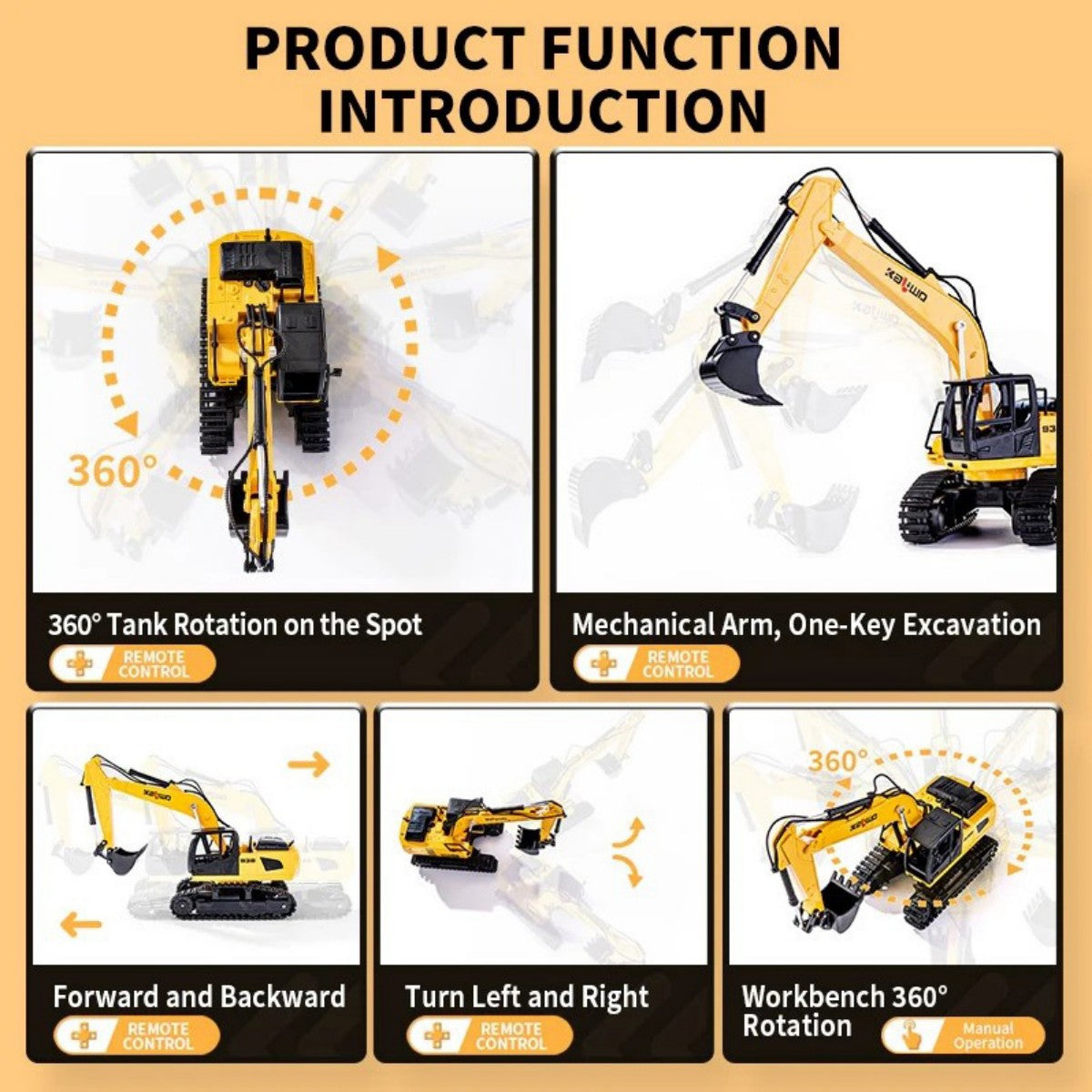 Huina Kaliwoer 13510 1:24 RC Excavator functions include 360° tank rotation, one-key excavation, and full directional movement for immersive play.