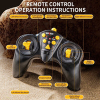 Huina Kaliwoer 13510 1:24 RC Excavator remote control layout with labeled buttons for precise operation of lights, wheels, and excavator arm.