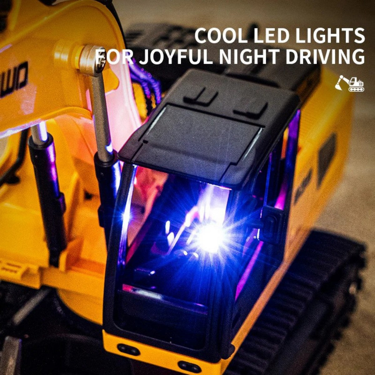 Huina Kaliwoer 13510 1:24 RC Excavator features cool LED lights for night driving, adding excitement to remote-controlled construction play.