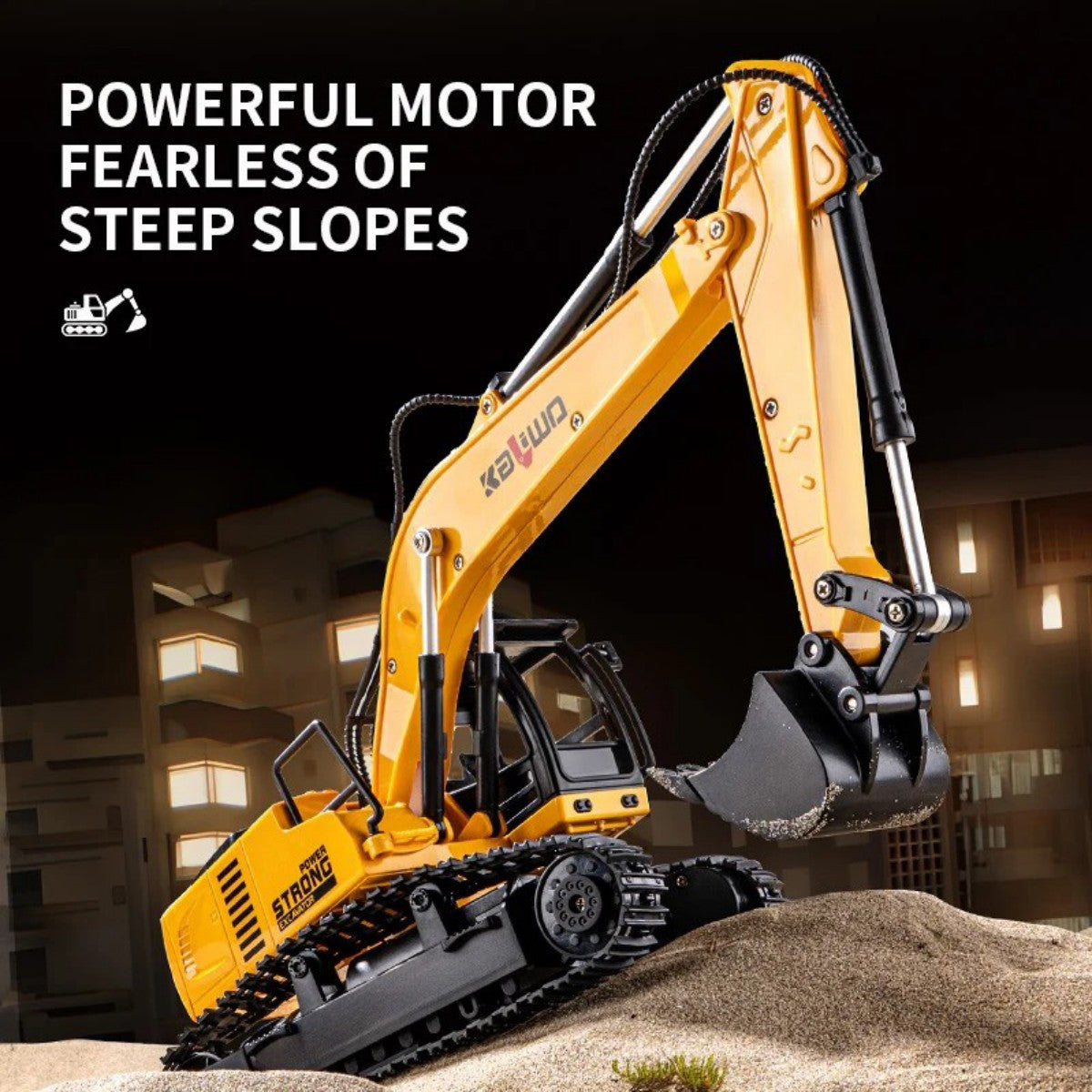 Huina Kaliwoer 13510 1:24 RC Excavator equipped with a powerful motor to handle steep slopes, ideal for rugged terrain play scenarios.
