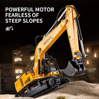 Huina Kaliwoer 13510 1:24 RC Excavator equipped with a powerful motor to handle steep slopes, ideal for rugged terrain play scenarios.