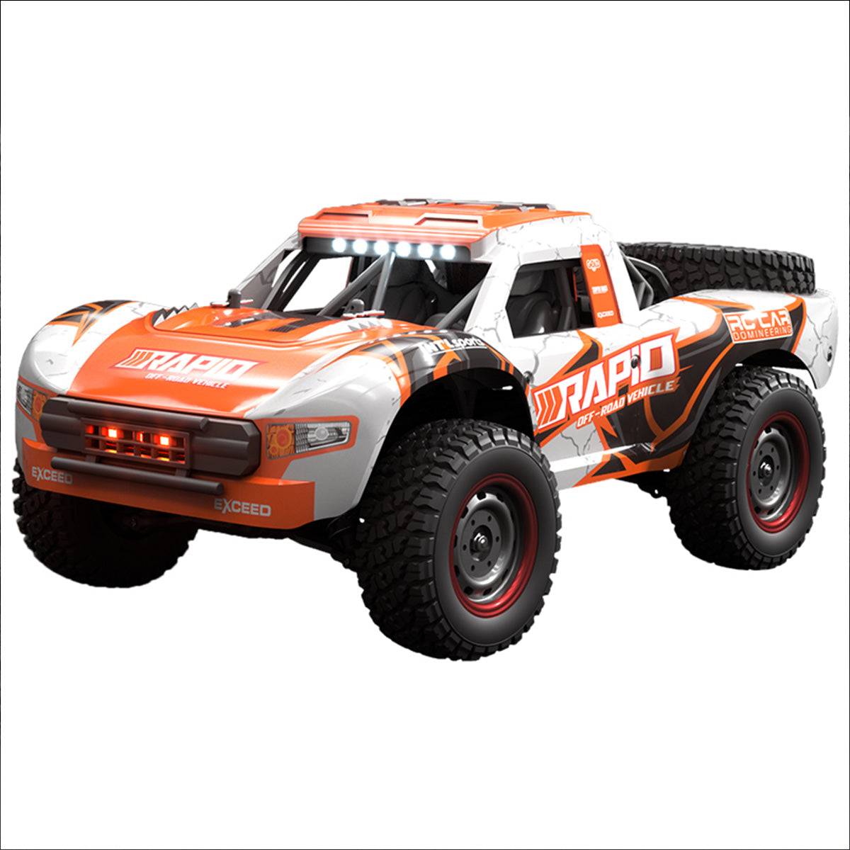 D843 4WD Off Road Brushless RC Monster Truck in orange with LED headlights and rugged tires for extreme terrain driving. High-speed remote control vehicle with durable build.