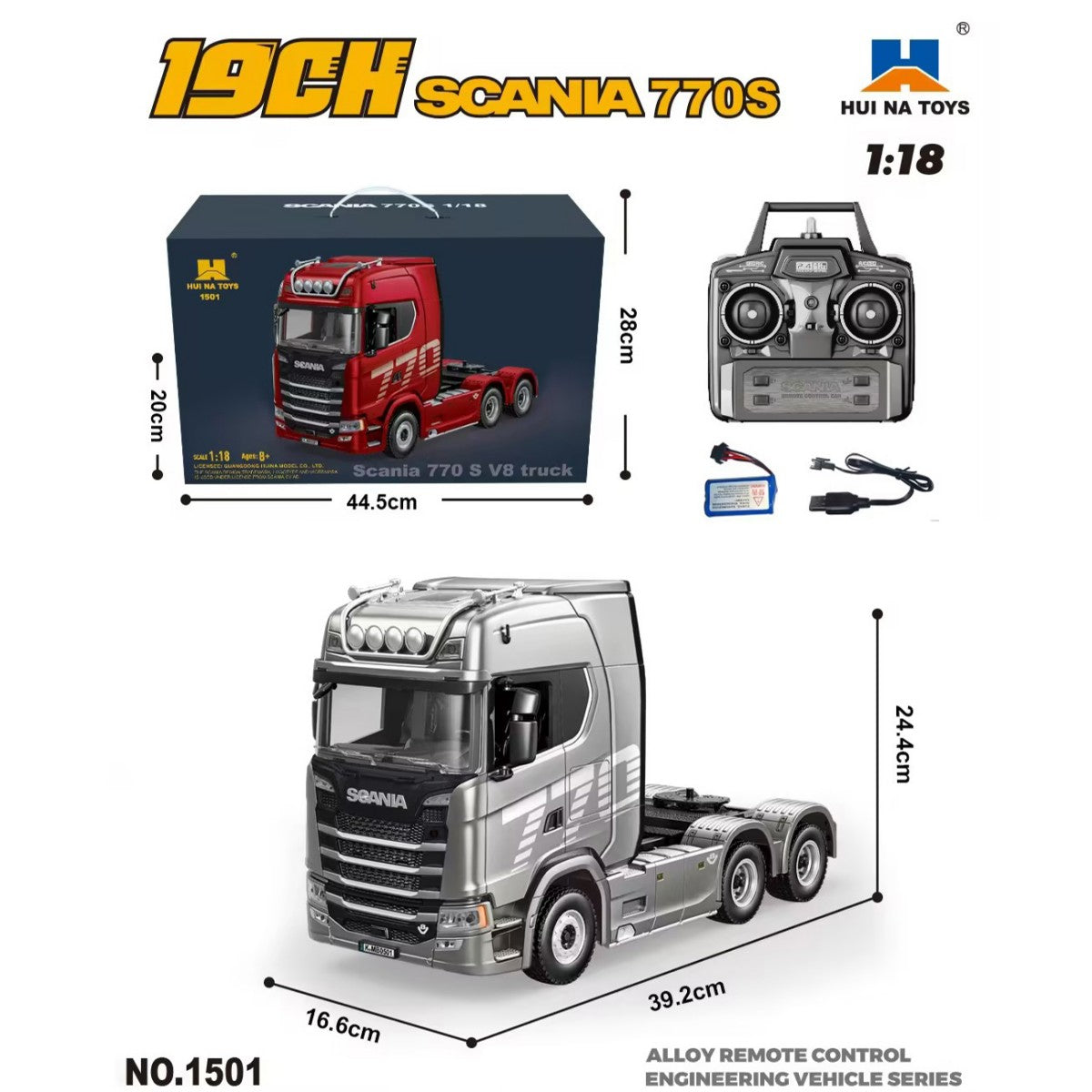 Huina 1501 1:18 Alloy RC Tractor Truck with Light and Sound includes remote, battery, and charger; ideal for remote control car enthusiasts.