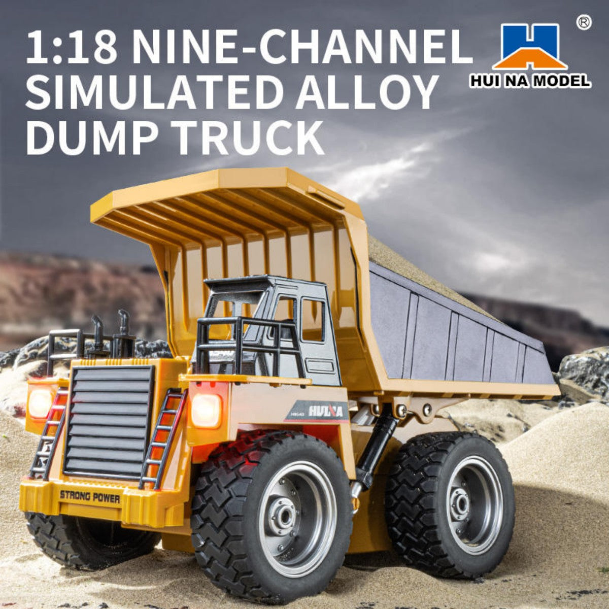 Huina 1533 1:18 nine-channel alloy dump truck shown on sand terrain, showcasing realistic design and strong power for RC play.
