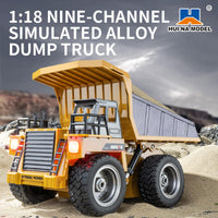 Huina 1533 1:18 nine-channel alloy dump truck shown on sand terrain, showcasing realistic design and strong power for RC play.