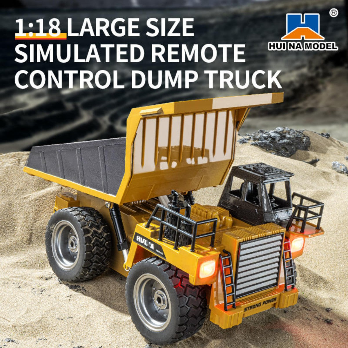 Large 1:18 Huina 1533 simulated remote control dump truck with detailed alloy body and oversized wheels, perfect for rugged play.