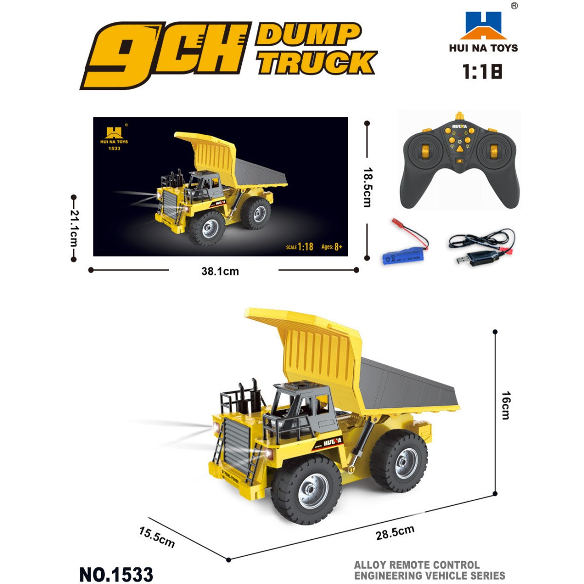 Huina 1533 1:18 semi-alloy remote control dump truck with controller and accessories, ideal for kids aged 8+. Durable RC construction toy.