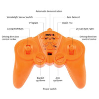 Close-up of Huina 1551 RC Excavator remote control showing labeled buttons for full 15-channel functionality and precise operation.