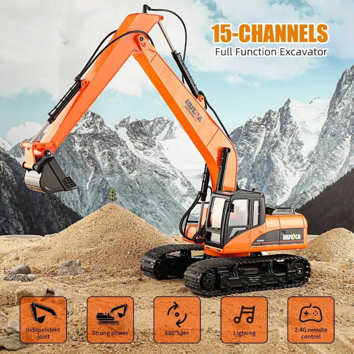 Huina 1551 1:14 RC Excavator operating on sand with 15-channel full function features, ideal for realistic digging play.