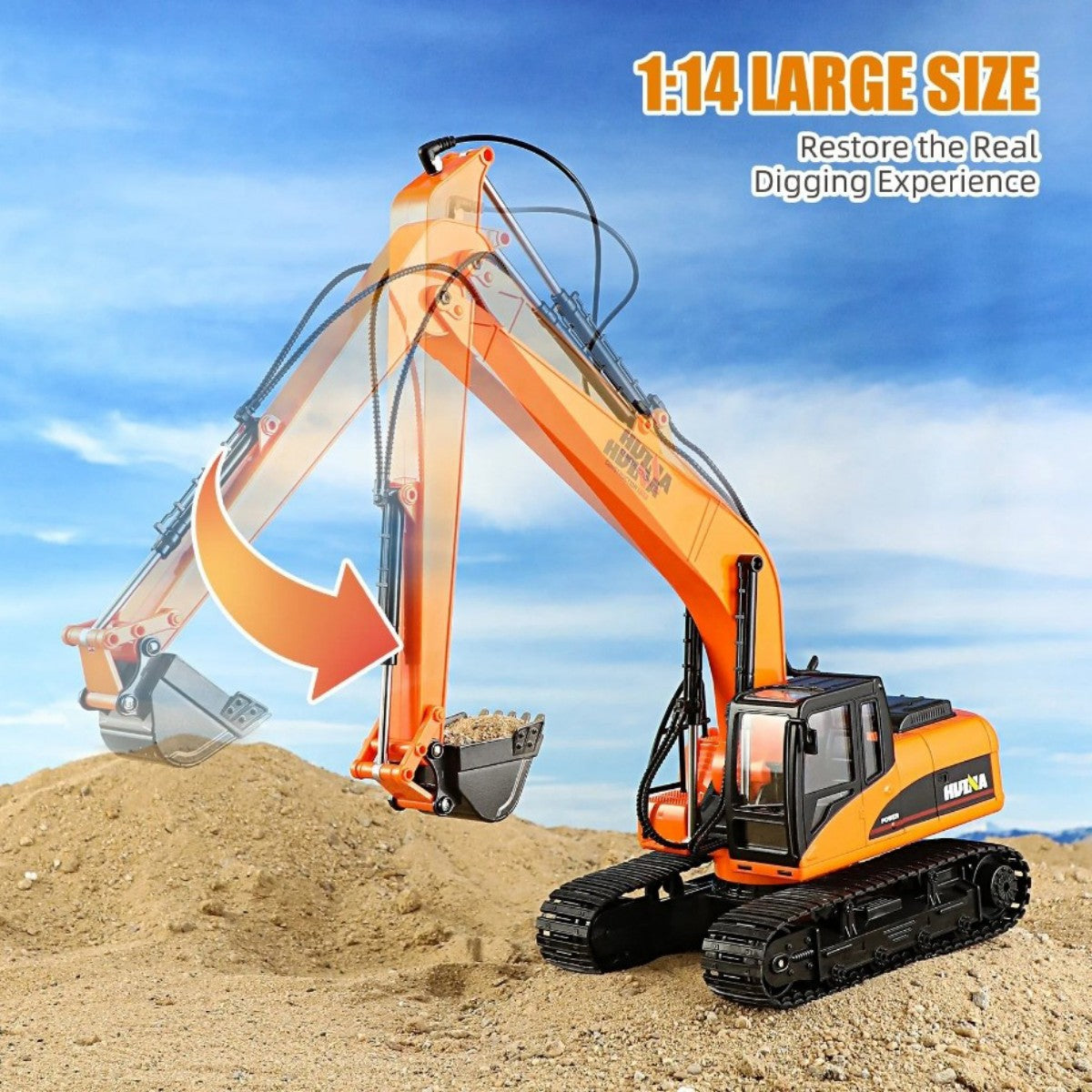 Large-scale Huina 1551 1:14 Long Boom RC Excavator simulating real digging experience with articulated arm and detailed design.