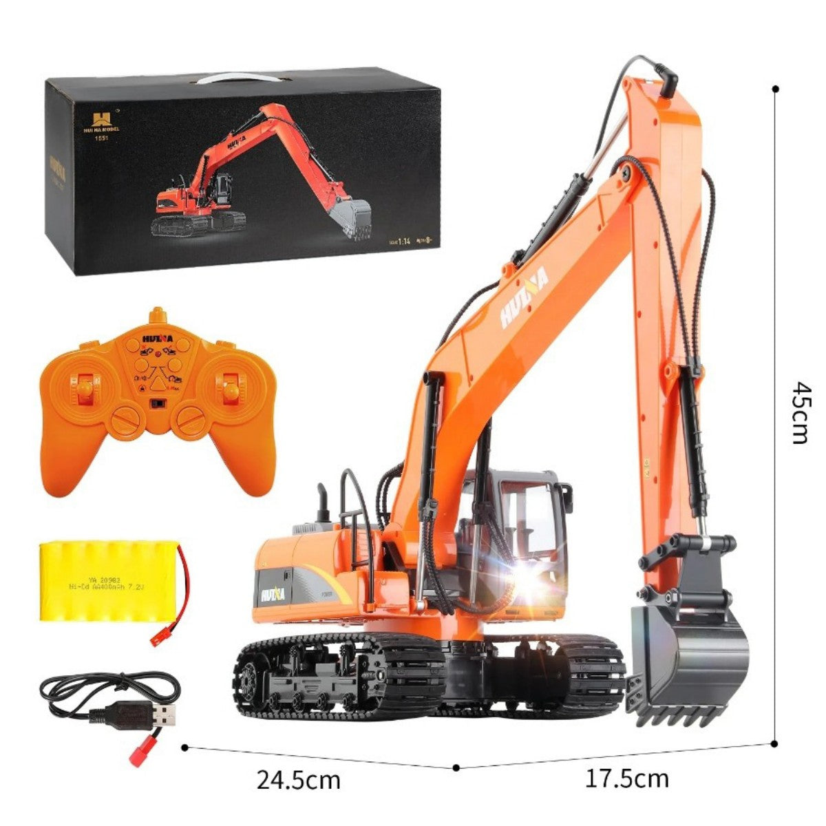 Huina 1551 1:14 RC Excavator set with dimensions, remote, battery, and packaging, perfect for remote control construction toy enthusiasts.