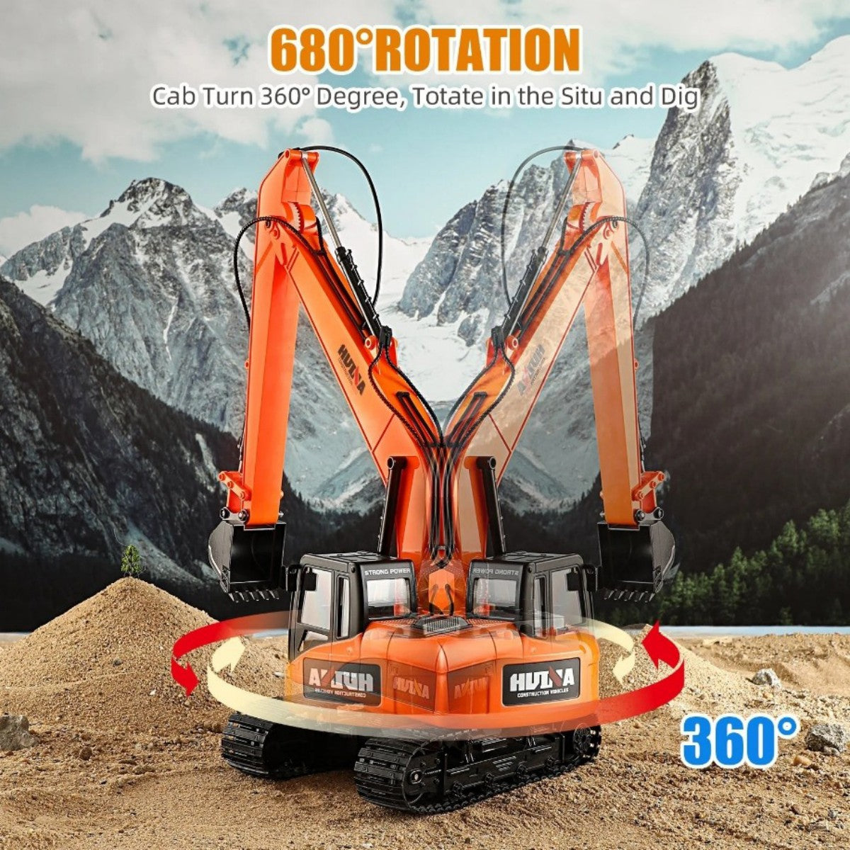 Huina 1551 1:14 RC Excavator with 680° rotating cab and 360° swivel base for immersive construction play and maneuverability.