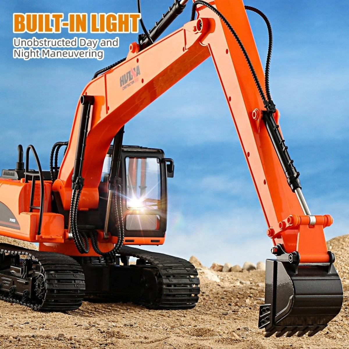 Built-in light on Huina 1551 RC Excavator enables day and night operation, enhancing playtime realism and visibility.