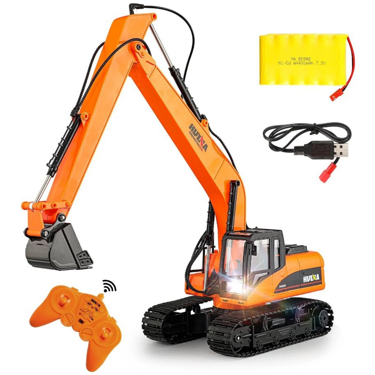 Huina 1551 1:14 Long Boom RC Excavator with remote control, battery, and USB charger for realistic construction play.