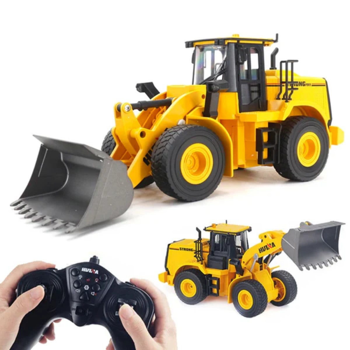 Huina 1552 1:16 Alloy RC Wheel Loader shown with remote control and dual loader views, ideal for realistic construction play.