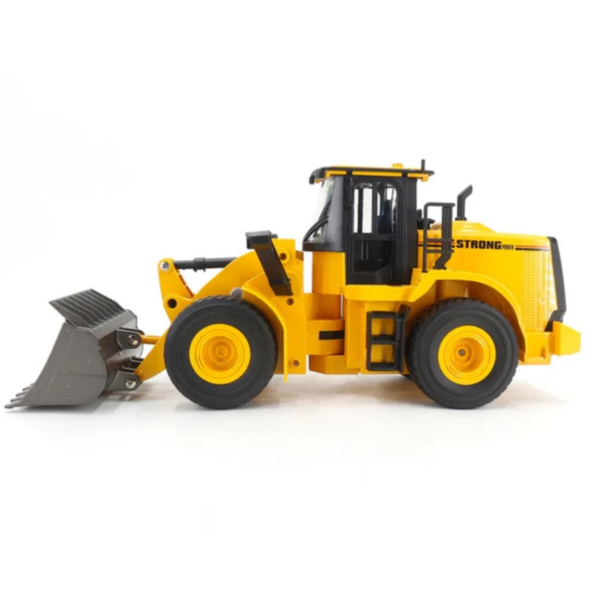 Side view of Huina 1552 1:16 Alloy RC Wheel Loader showcasing durable alloy build and functional loader arm for kids' remote control fun.