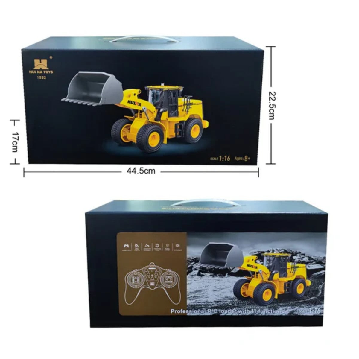 Huina 1552 1:16 Alloy RC Wheel Loader retail packaging with product dimensions and features, perfect for gifting remote control toy lovers.