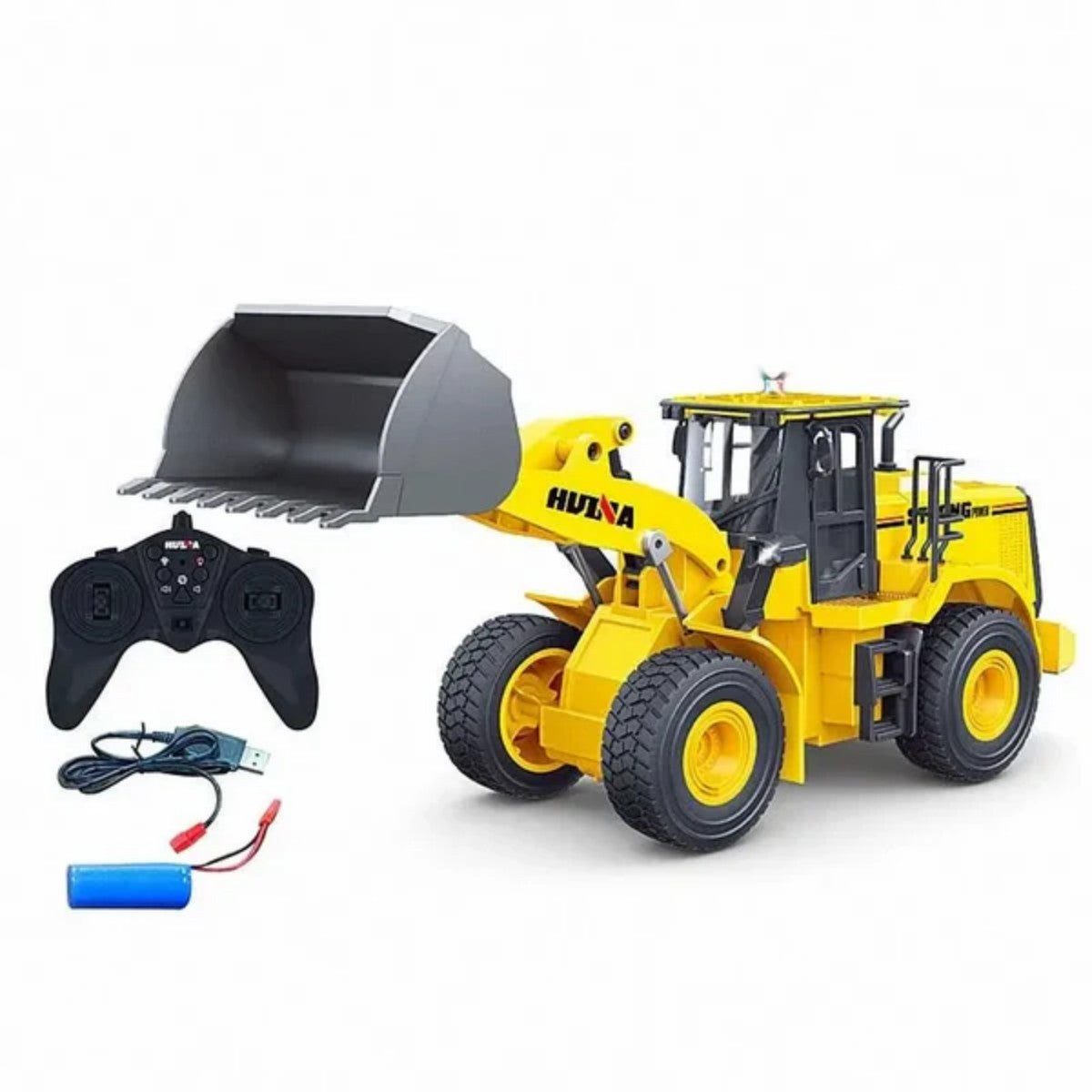Huina 1552 1:16 Alloy RC Wheel Loader set includes loader, remote control, battery, and USB charger for complete RC construction play.