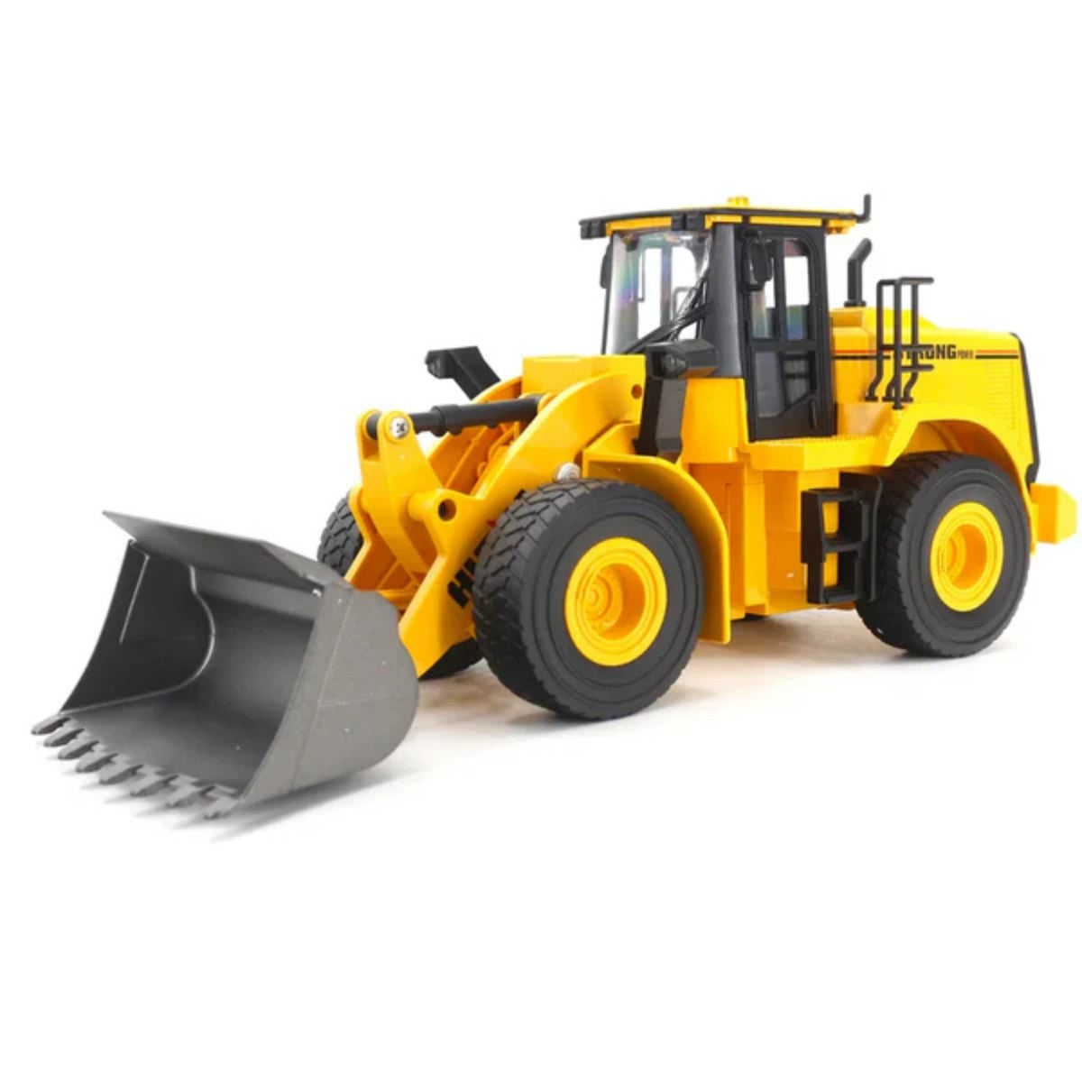 Angled view of Huina 1552 1:16 Alloy RC Wheel Loader with realistic detailing and functional bucket for immersive remote control play.