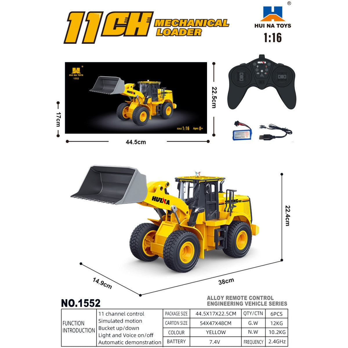 Huina 1552 1:16 Alloy RC Wheel Loader with remote control, battery, and detailed size chart for toy construction vehicle enthusiasts.