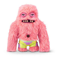 FUGGLER Soft Plush Toy in pink fur with exaggerated teeth and colorful shorts. A humorous stuffed animal for playful toy collections.