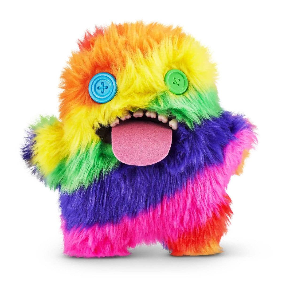 FUGGLER Soft Plush Toy with rainbow fur, button eyes, and large tongue. A vibrant and silly plush for kids and collectors alike.