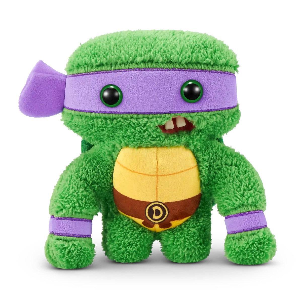 FUGGLER Soft Plush Toy dressed as a green turtle superhero with purple mask. A fun parody plush for stuffed animal enthusiasts.