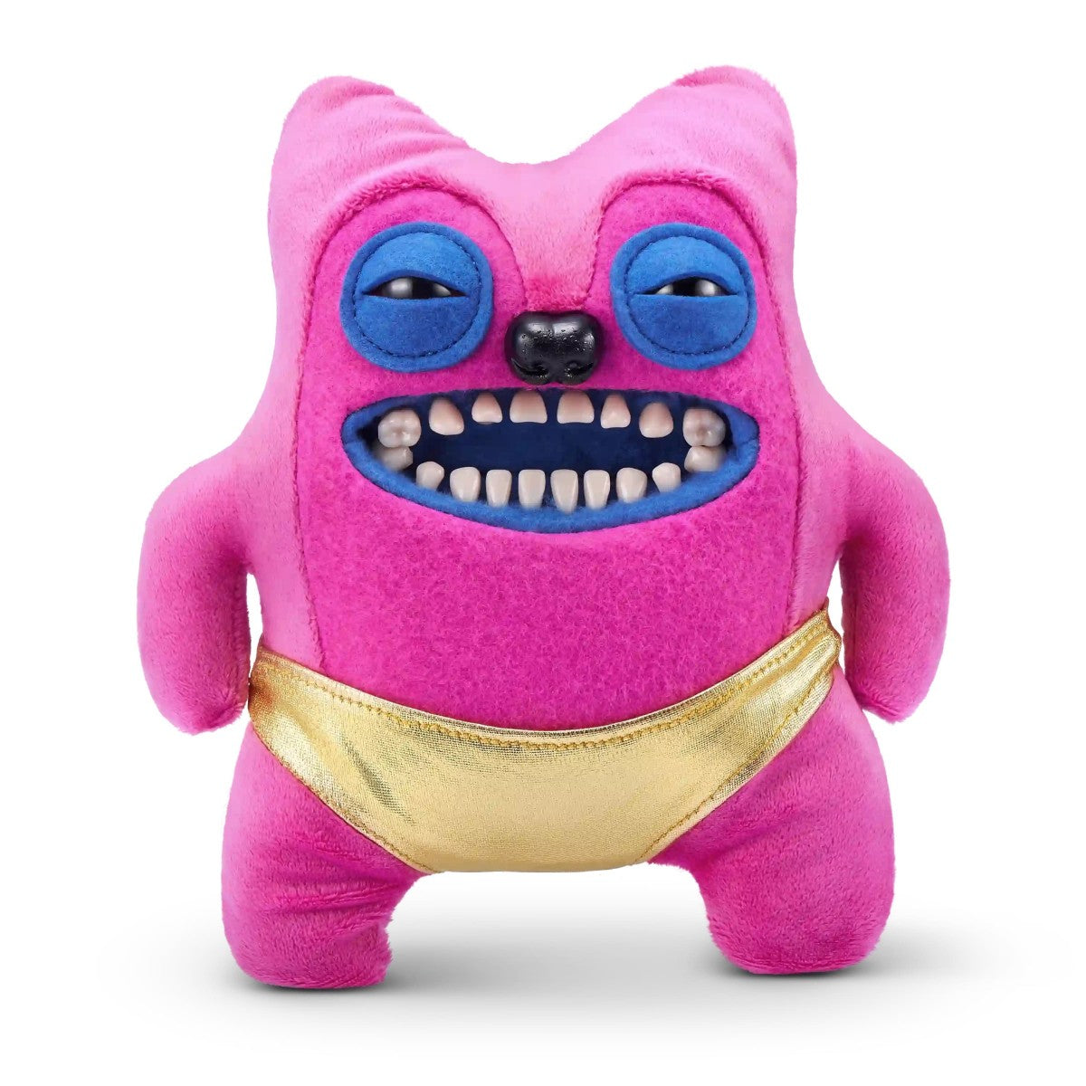 FUGGLER Soft Plush Toy in bright pink with gold shorts and wide toothy grin. A bold and funny plush for novelty toy lovers.