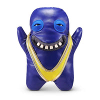FUGGLER Soft Plush Toy in shiny blue with yellow wrestling outfit and raised arms. A playful plush for fans of humorous characters.