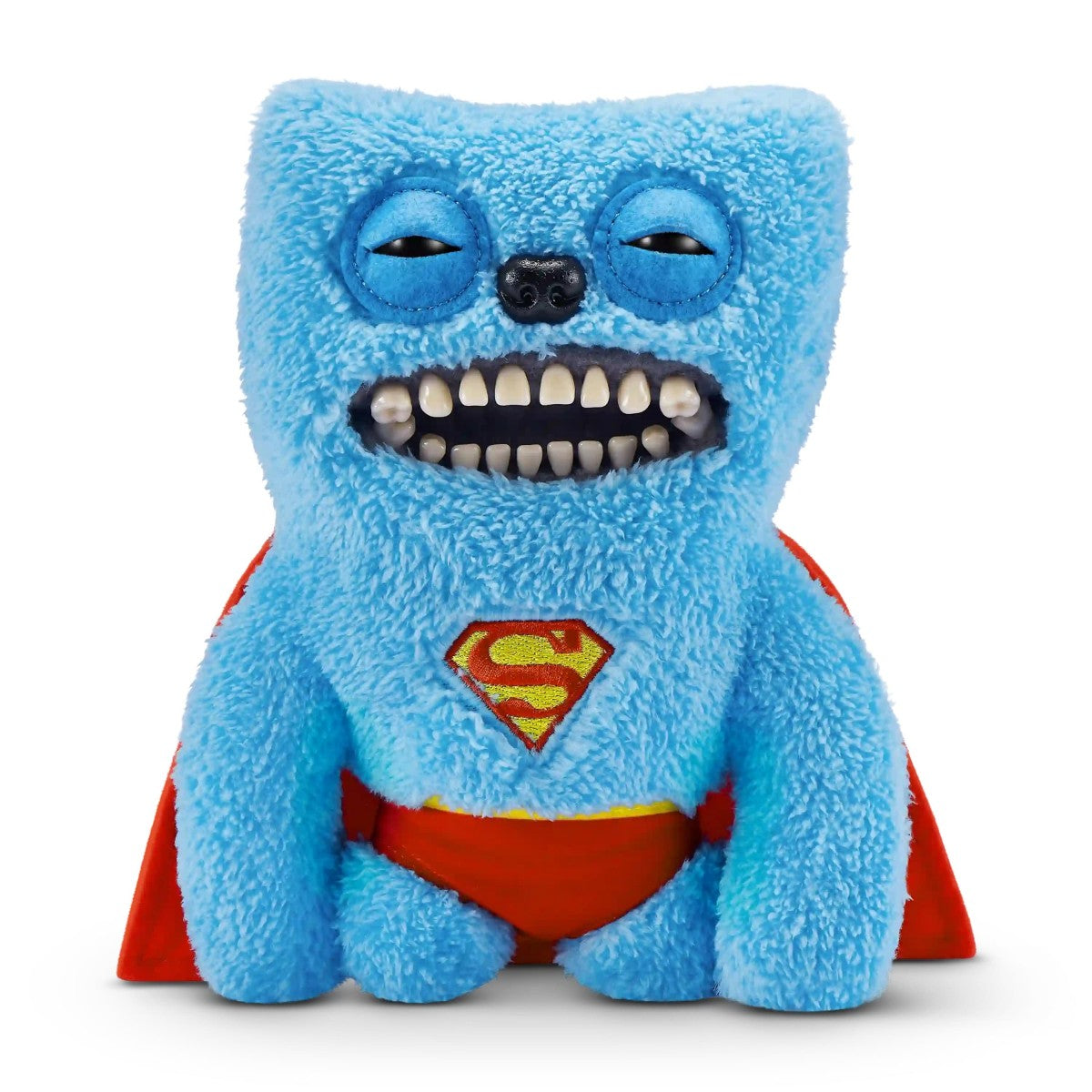 FUGGLER Soft Plush Toy in blue superhero costume with red cape and big teeth. A funny parody plush for comic fans.