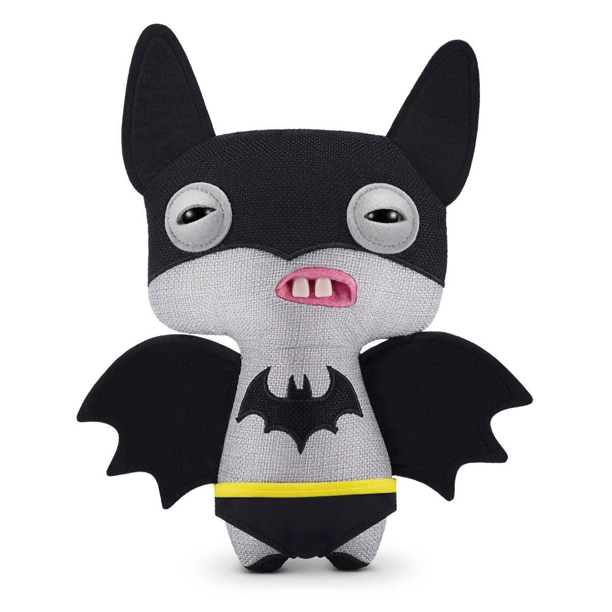 FUGGLER Soft Plush Toy in black bat costume with wings and white eyes. A spooky and silly plush for superhero lovers.