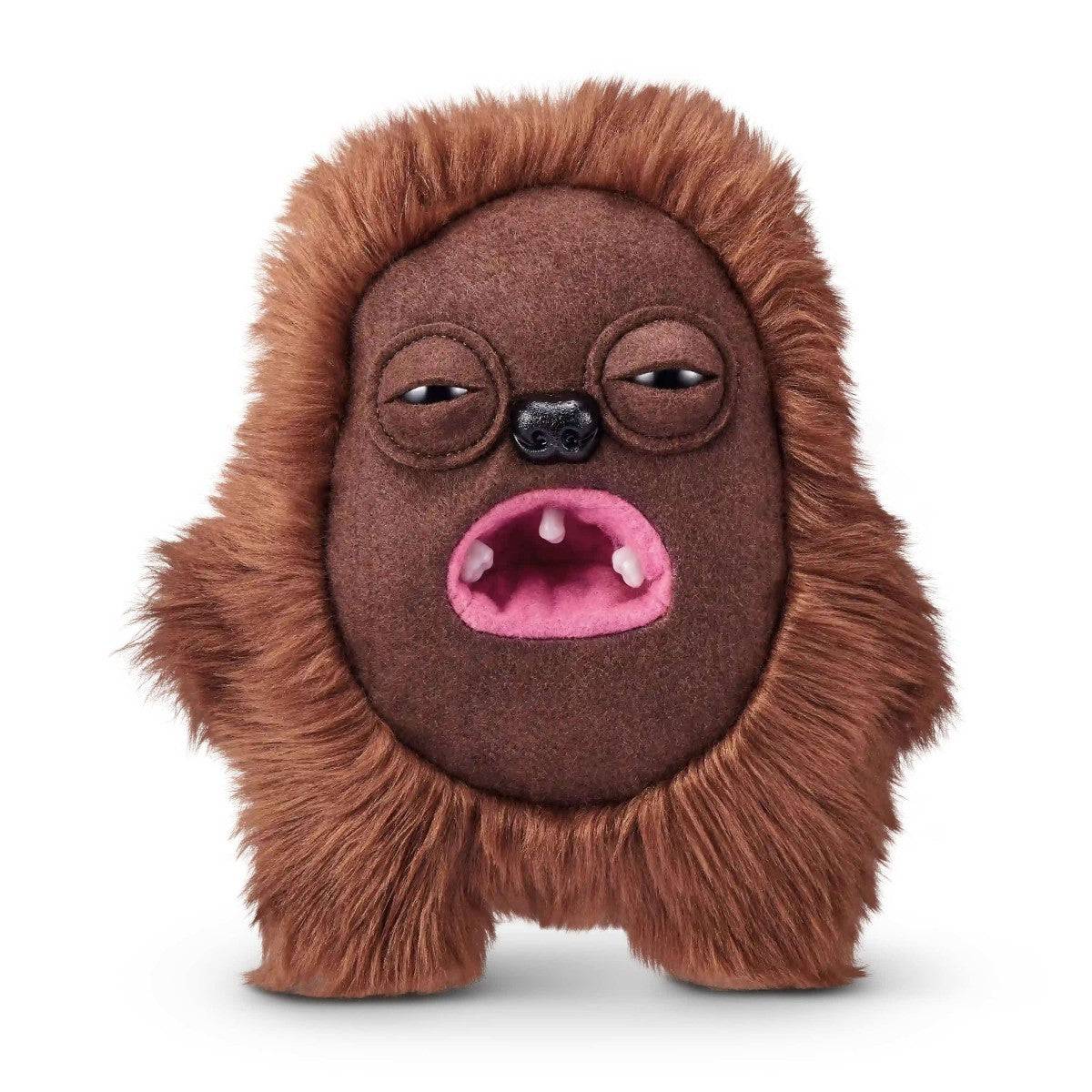 FUGGLER Soft Plush Toy in brown fur with sleepy eyes and open mouth. A wild and woolly plush for fans of odd stuffed animals.