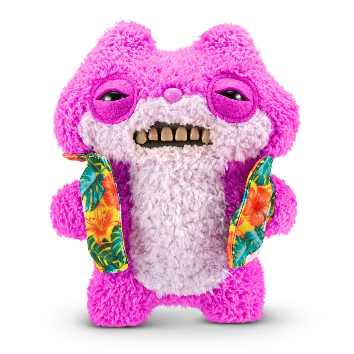 FUGGLER Soft Plush Toy in pink with tropical shirt and toothy grin. A beach-themed plush for quirky toy collections.