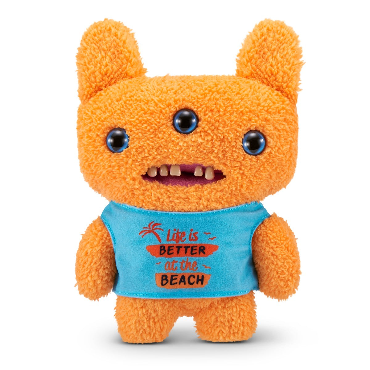 FUGGLER Soft Plush Toy in orange with blue shirt that says 'Life is Better at the Beach.' A fun summer-themed plush toy.