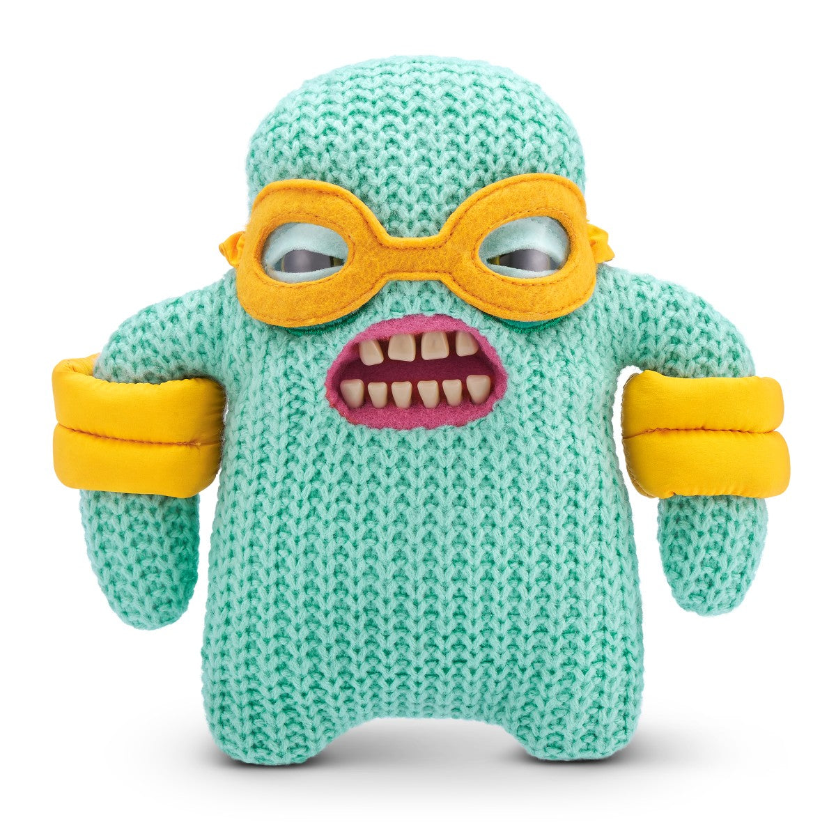 FUGGLER Soft Plush Toy in mint green knit with yellow goggles and floaties. A swim-themed plush for playful collectors.