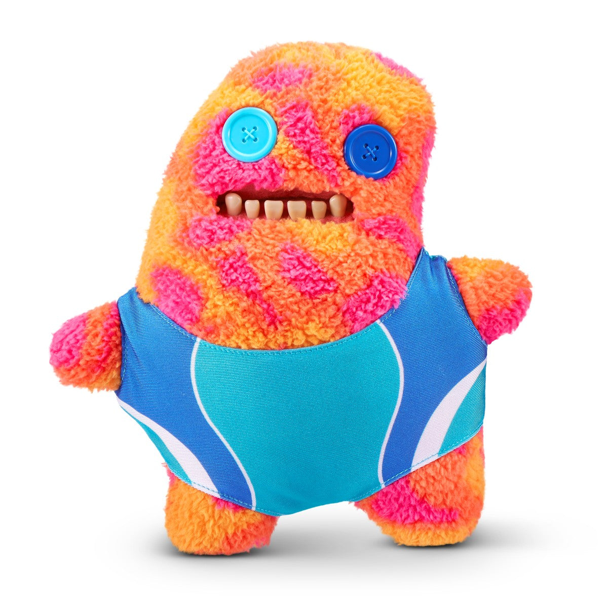FUGGLER Soft Plush Toy in orange and pink with blue swimsuit and button eyes. A beach-ready plush for novelty toy lovers.