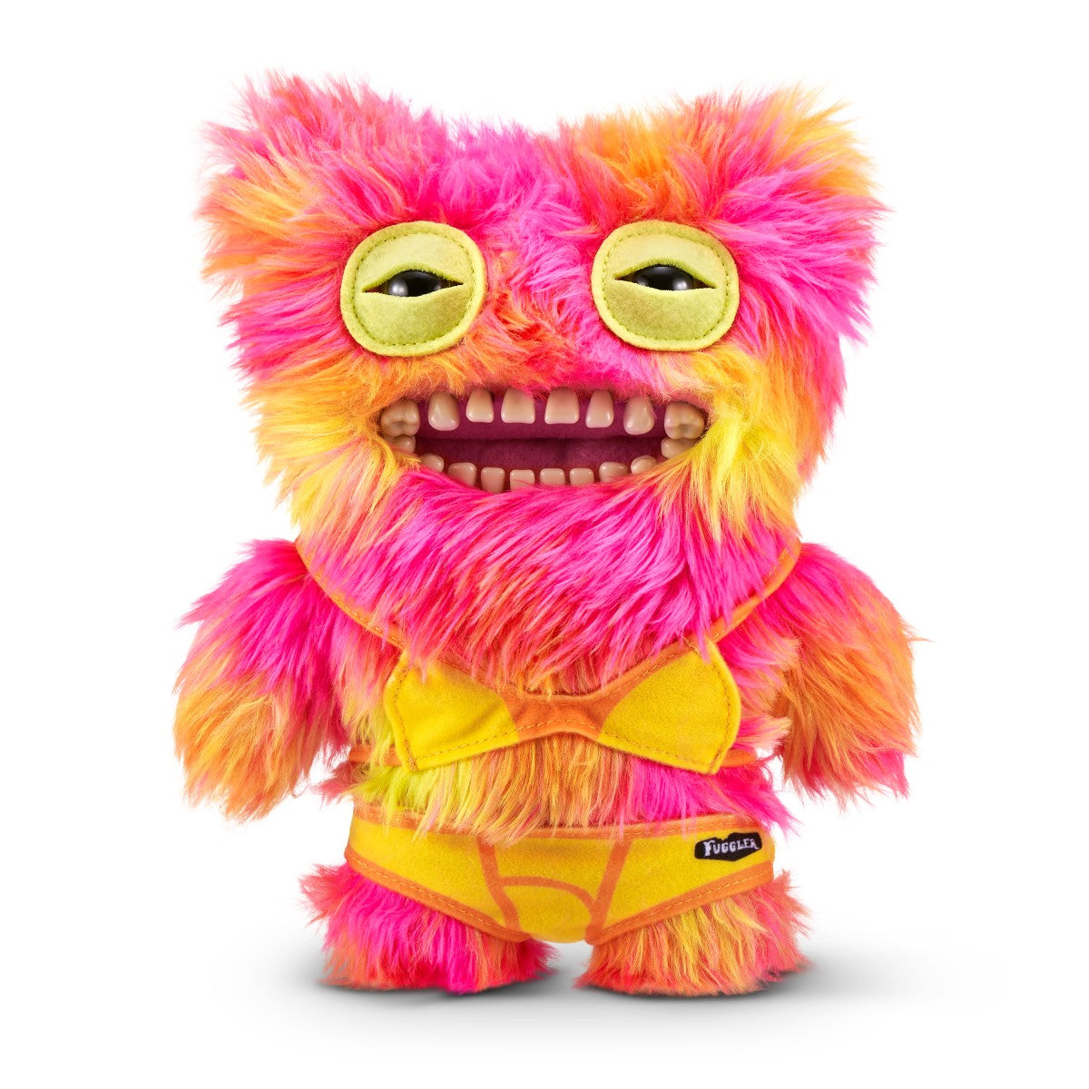 FUGGLER Soft Plush Toy in pink and yellow fur with bikini outfit. A vibrant and funny plush for summer-themed collections.