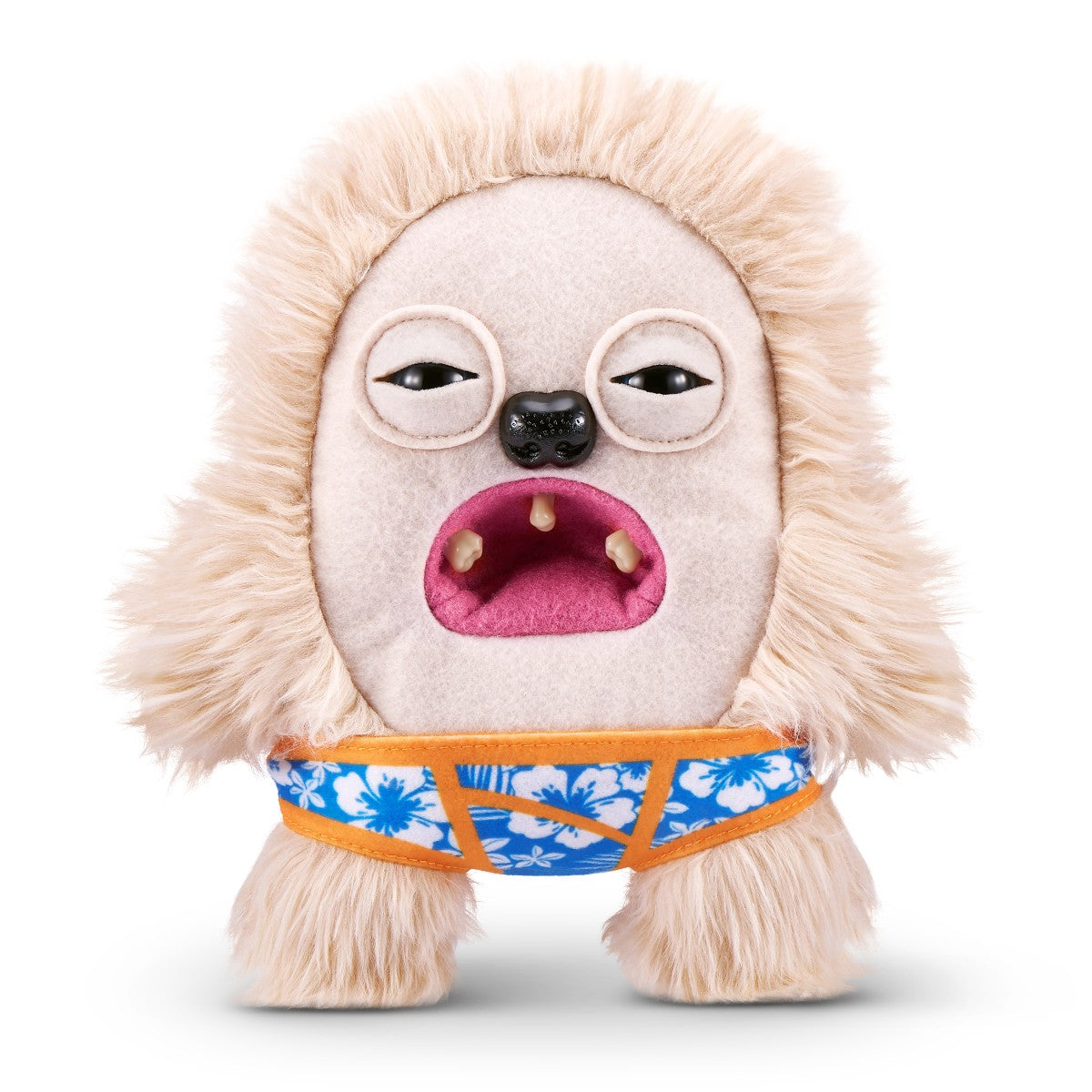 FUGGLER Soft Plush Toy in cream fur with blue floral shorts and sleepy eyes. A beach-style plush for collectors of odd toys.