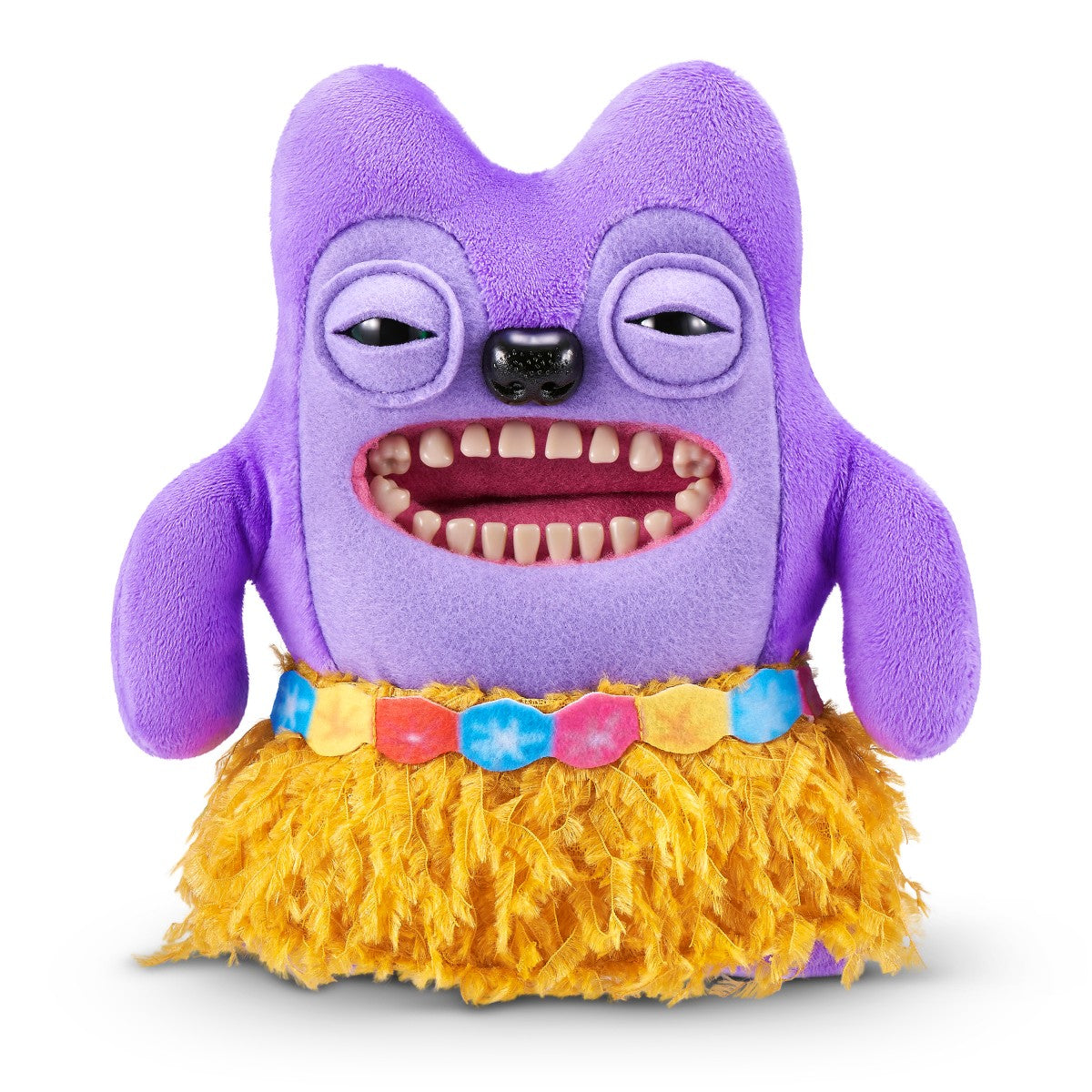 FUGGLER Soft Plush Toy in purple with yellow hula skirt and wide grin. A tropical-themed plush for novelty toy collections.