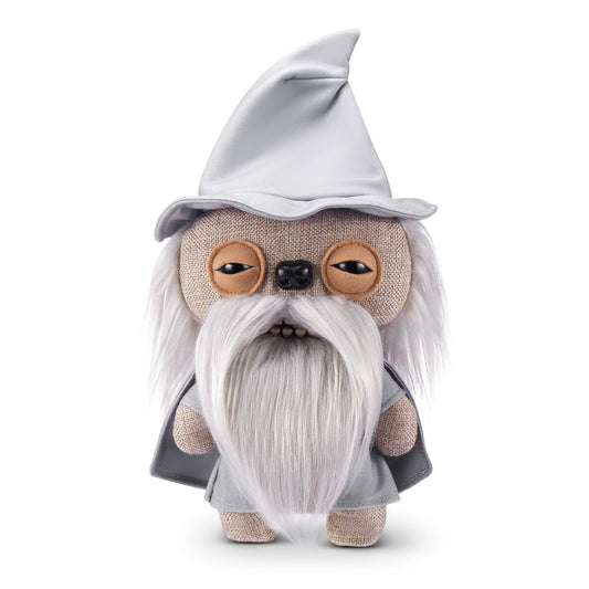 FUGGLER Soft Plush Toy styled as a wizard with a long white beard, gray robe, and pointed hat. Ideal for quirky stuffed animal collectors.